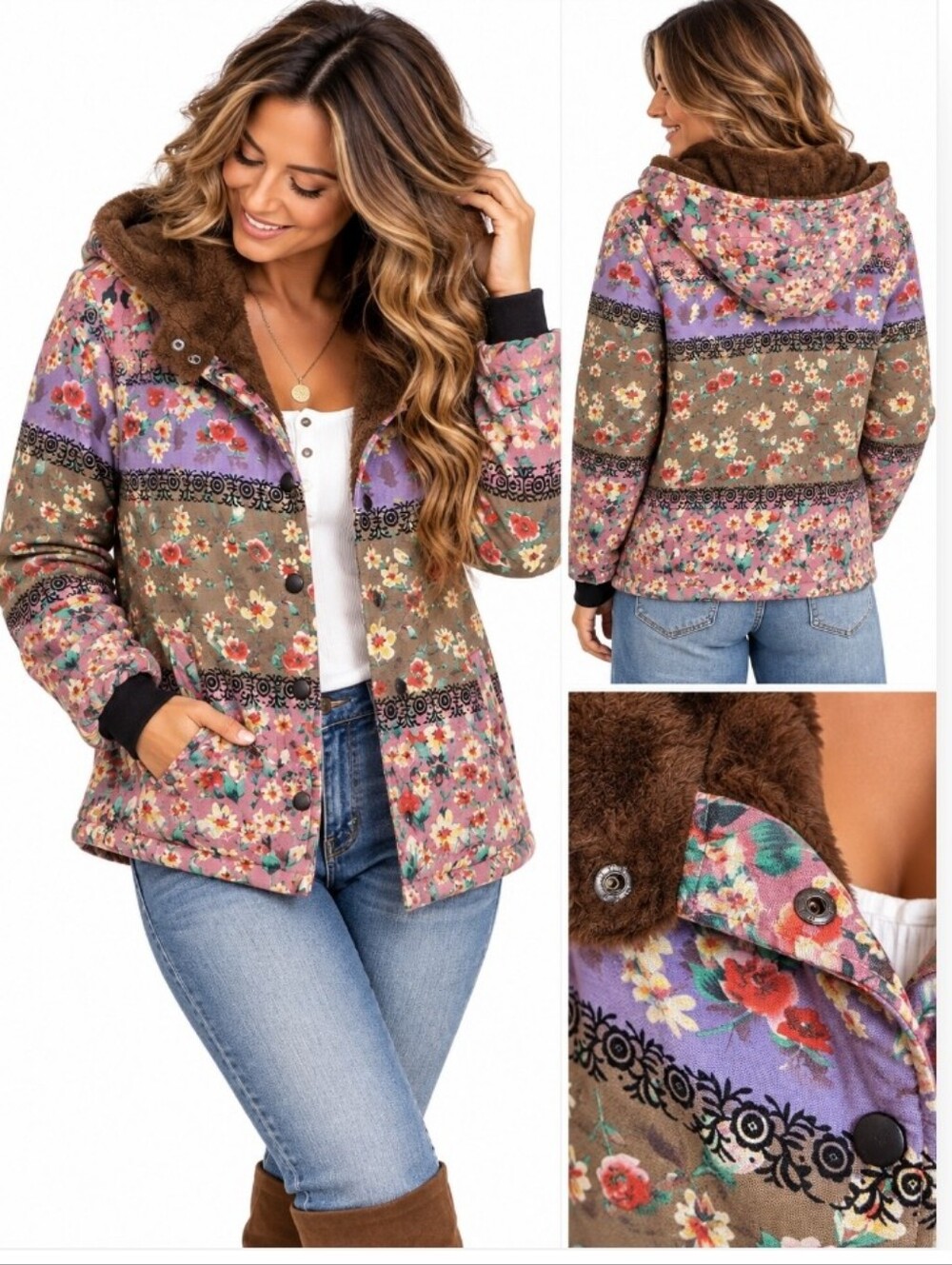 Cellabie Floral Faux Fur Lined Hooded Jacket XL